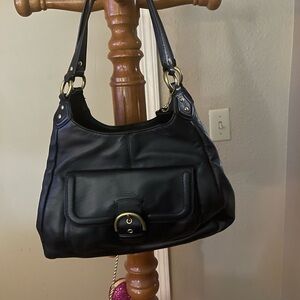 Coach Campbell Black Leather Shoulder Hobo Bag with Gold Accents Coach